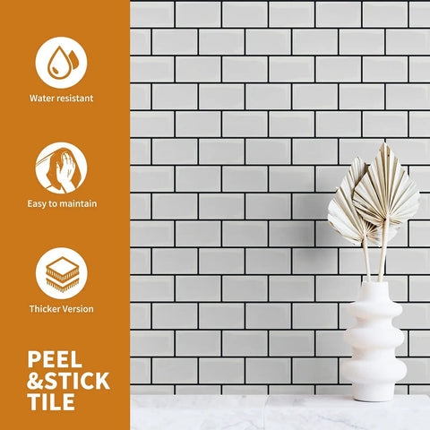 Thick 3.3mm Peel And Stick Subway Backsplash Tiles 12x12 White With Black Grout on wall with vase; durable and easy to install.