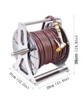 Premium Garden Hose Reel Featuring Easy Rewind Lightweight Build And Six Function Spray Nozzle coiled tube on metal stand.