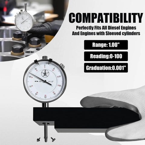 Pro Grade Sleeve Height And Counter Bore Gauge For All Diesel Engines With 0-1.00 Inch Range, dial face visible, hand use