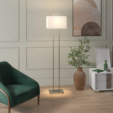 Tall 68 Inch Floor Lamp With White Fabric Rectangle Shade In Brushed Silver Finish for Living Room, Bedroom, or Office Includes Easy To Use 8 Foot Cord
