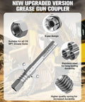 Extra Long Grease Gun Coupler For Tight Spots With Two Point Four Inch Nozzle High Pressure 10000 PSI Quick Lock Release Locks Onto Zerk Fittings Extra Reach For Grease Fittings displayed with 6-jaw design and stainless steel construction in front of a machinery background.