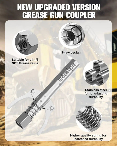 Extra Long Grease Gun Coupler For Tight Spots With Two Point Four Inch Nozzle High Pressure 10000 PSI Quick Lock Release Locks Onto Zerk Fittings Extra Reach For Grease Fittings displayed with 6-jaw design and stainless steel construction in front of a machinery background.
