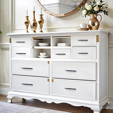 White dresser with 30 Pack Matte Black Cabinet Handles 5 Inch 128mm Screw Spacing Arch Drawer Pulls Modern Aluminum Alloy Hardware.