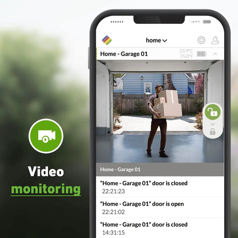 Smart Garage Door Opener Remote With App Control And Wireless Sensor That Plays Nice With Apple HomeKit Amazon Alexa Google Assistant And IFTTT Fits All Sectional Doors featuring video monitoring on smartphone.