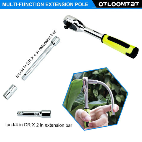 46 Piece One Quarter Inch Drive Socket Set With Ratchet Wrench, Industrial Grade Chrome Vanadium, Metric Bit Sockets And Extension Bar, Heavy Duty Tool Kit For Auto Repair And Home Projects, Includes Thick Storage Case with multi-function extension pole displayed.
