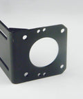 Black metal motor mount bracket with a large central circular hole and multiple mounting holes, front angled view.