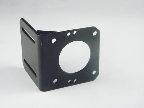 Black metal motor mount bracket with a large central circular hole and multiple mounting holes, front angled view.