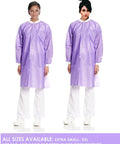 Two people wearing Knee Length Lab Coats 50G SMS, Unisex 10 Pack, Anti Static, Knit Cuffs, Pockets, Purple, Durable Pro Grade Medical Wear