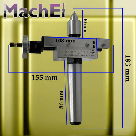 MachEl taper turning attachment with revolving live center on lathe, MT3 Morse taper, silver metal body