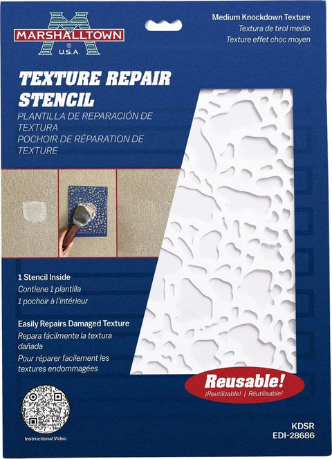 Knockdown Texture Stencil Set Medium for walls and ceilings shown in packaging, 8 by 10 inch reusable plastic stencil.