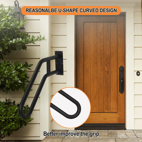 U Shaped Wall Mount Handrail for Indoor and Outdoor Steps near wooden door; black metal, anti-corrosion steel for safety railing.