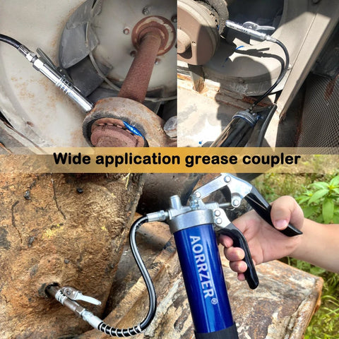 Blue AORRZER grease gun coupler with 12-inch spring hose and quick-release 1/8 in NPT fitting