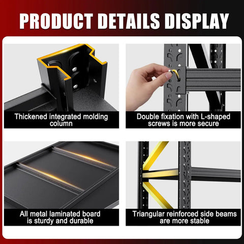 Beefy Heavy Duty Metal Garage Shelving Unit, 69 Inch Wide 4 Tier Adjustable Storage Racks, Industrial Steel Shelves Organizer For Garage, Warehouse, Workshop And Home, 69 W By 24 D By 64 H showing reinforced black steel shelf details
