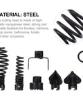 Seven Piece Drain Cleaning Cable Kit Features Heavy Duty Black Steel Cutters with various steel heads for pipe clogs.