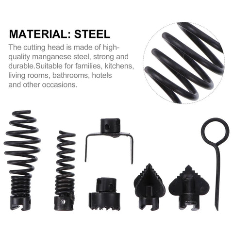 Seven Piece Drain Cleaning Cable Kit Features Heavy Duty Black Steel Cutters with various steel heads for pipe clogs.