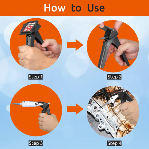 Steps showing RTV Silicone Tube Squeezer Tool For Precise Extrusion, No Mess, Maximize Material Use And Clean Edges in use.