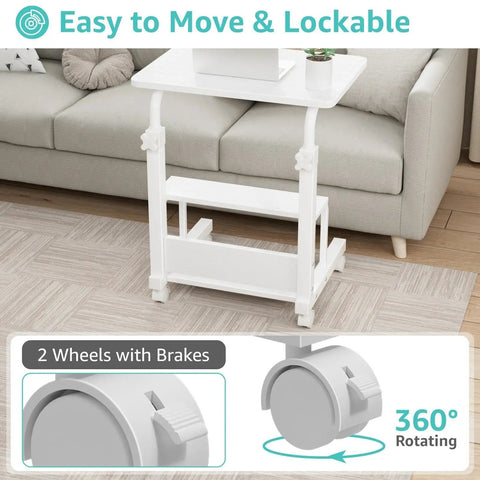 Space Saver C Shaped Laptop Desk On Wheels For Small Spaces White 24 Inch Height Adjustable With 2 Tier Storage Shelves Mobile