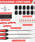 15 Inch Tire Spoon Kit For Motorcycles Dirt Bikes And Lawn Mowers 29 Piece Tire Removal Tool Set With Spoons Rim Protectors Valve Tool Valve Cores Caps And Storage Bag Pro Grade Hardened Steel packaging contents with tools displayed