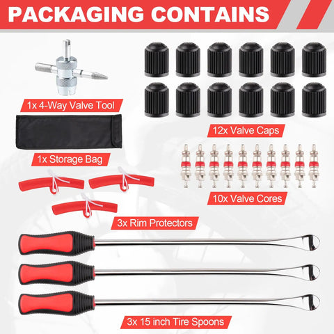 15 Inch Tire Spoon Kit For Motorcycles Dirt Bikes And Lawn Mowers 29 Piece Tire Removal Tool Set With Spoons Rim Protectors Valve Tool Valve Cores Caps And Storage Bag Pro Grade Hardened Steel packaging contents with tools displayed