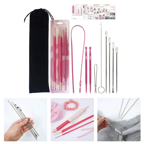 Totally Handy Drawstring Threader And Fabric Turner Kit With Elastic Band Threading Tool For Garment Repair Tailoring And Sewing Projects Easy Turn Durable Metal And Wood Design, with pouch