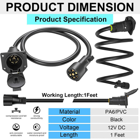 Heavy Duty 7 Way Trailer Extension Cord Plug And Play One Foot Wiring Cable With Socket for RV Camper Trailers, black, flexible design.