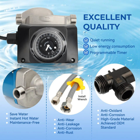 Hot Water Recirculating Pump Kit For Tank Water Heater With Programmable Timer, showing timer and brass fittings.