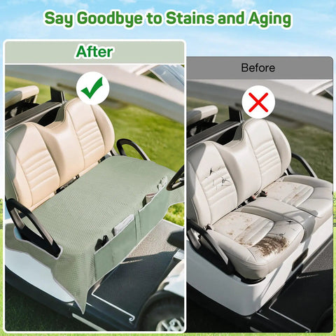 Universal Golf Cart Seat Cover Towel Blanket For 2 Seat Carts EZGO Yamaha Club Car And More No Slip Easy To Clean 4 Front Pockets That Stays Put Green showing before and after seats.