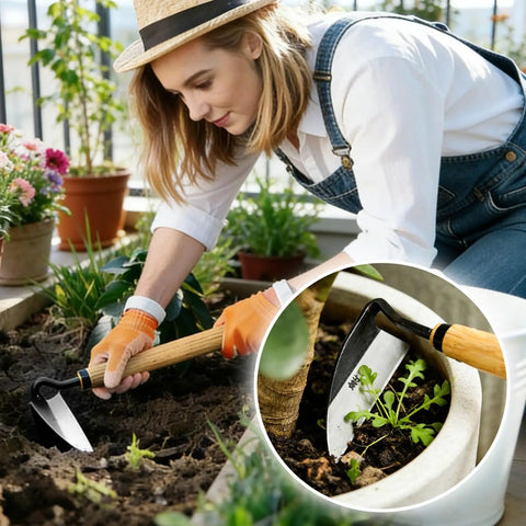 Woman gardening with High Carbon Steel Weeding Sickle With Sharp Edge For Quick Easy Garden Weeding Hand Forged Japanese Sickle Full Size Weeder