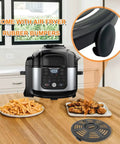 No Stress 6.5 Qt Air Fryer Crisping Plate For Ninja Foodi FD302 FD305 Os300 Os301 Op302 on kitchen table, showing fries and wings.