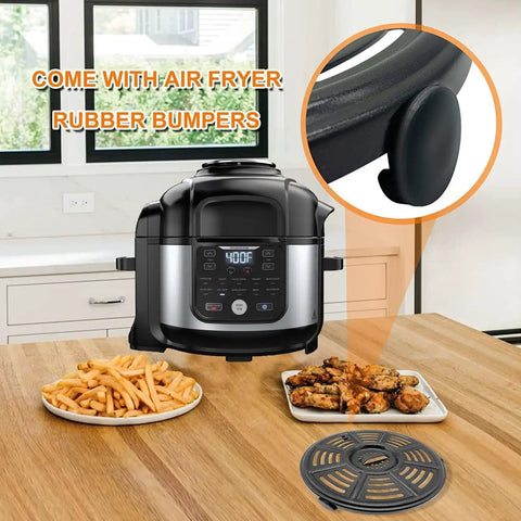 No Stress 6.5 Qt Air Fryer Crisping Plate For Ninja Foodi FD302 FD305 Os300 Os301 Op302 on kitchen table, showing fries and wings.