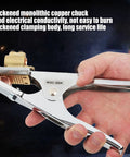 Heavy Duty 300A Grounding Work Clamp For Electric Welding And Soldering Repair held in hand, showcasing copper chuck and sturdy design.