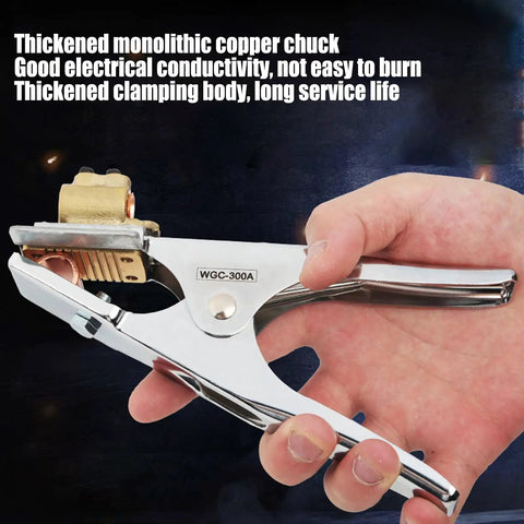 Heavy Duty 300A Grounding Work Clamp For Electric Welding And Soldering Repair held in hand, showcasing copper chuck and sturdy design.