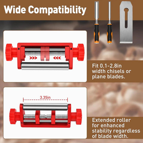 Chisel Sharpening Jig And Wood Honing Guide With Adjustable Angle Fixture And Dual Sharpening Stones For Crisp Bevels On Shop Tools You Gotta Keep Sharp As A Tack, red tool with roller, fits 0.1-2.8in blades.