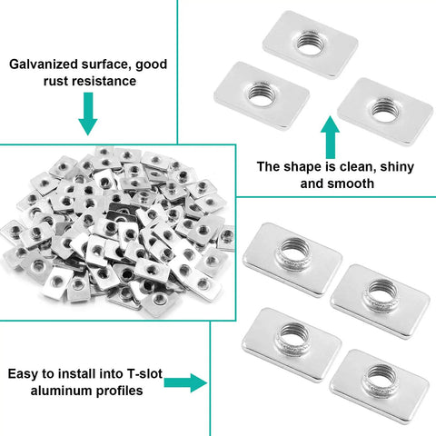 M5 Flat Sliding T Nuts 100 Pack For 2020 Series Aluminum Extrusion T Slot Profiles With 6mm Slot One Sixteenth Inch Thick Carbon Steel Build Heavy Duty Fastening Hardware For Quick Secure Adjustments, galvanized flat T-nuts for 2020 aluminum extrusion