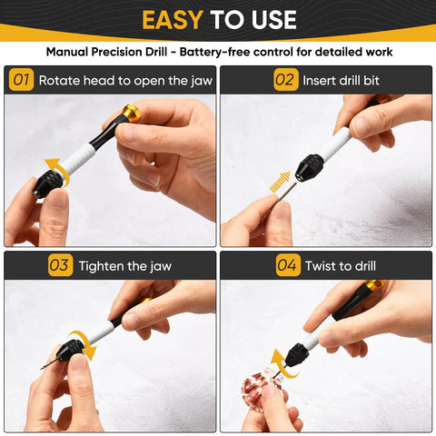 Step-by-step use of Pin Vise Hand Drill Kit With 22 Piece Micro Drill Bits Set 0.6mm To 2.5mm for jewelry and crafts.