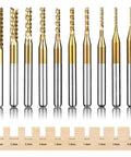 Front view of titanium-coated carbide engraving milling cutters set, 0.8–3.0 mm, 1/8 in shank, 10 pcs for Dremel