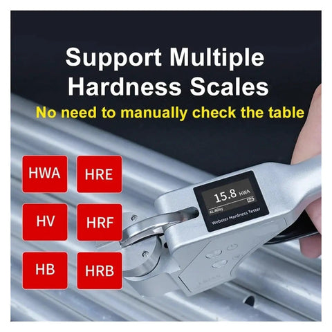 Lightweight Portable Digital Aluminum Hardness Tester Straight Shooter showing hardness scale display with multiple options.