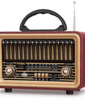 Retro Bluetooth Speaker With Deep Bass And Stereo Sound Portable AM FM Radio Rechargeable Party Speaker in vintage wood grain finish.