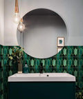 Emerald Holographic Hexagon Peel And Stick Backsplash Tiles Art Deco Self Adhesive PVC Wall Tiles in a modern bathroom.