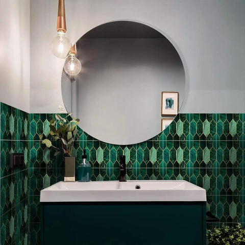 Emerald Holographic Hexagon Peel And Stick Backsplash Tiles Art Deco Self Adhesive PVC Wall Tiles in a modern bathroom.