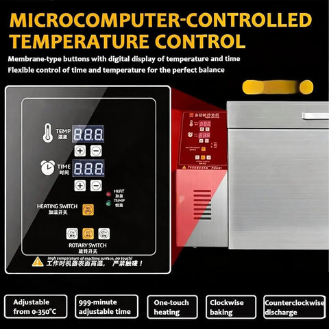 Heavy Hitter Electric Coffee Roaster With Snappy Heat Stainless Steel Chamber For Smooth Even Roasting Beans Peanuts And Nuts Big Batch No Fuss Kitchen Essential control panel with digital display, adjustable temperature and time settings.