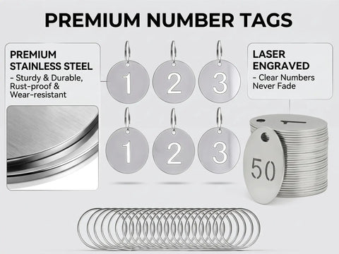 50 Pack Round Metal Key Tags 1 To 50 Stainless Steel ID Tags With Hole For Key Boxes Cabinets And Organization Includes Key Ring Chain And Split Ring