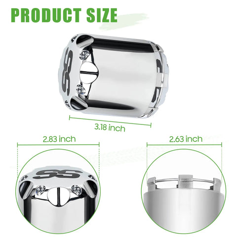 Chrome Universal Golf Cart Wheel Center Cap Covers 4 Pack With SS Logo, Heavy Duty Plastic with detailed dimensions view