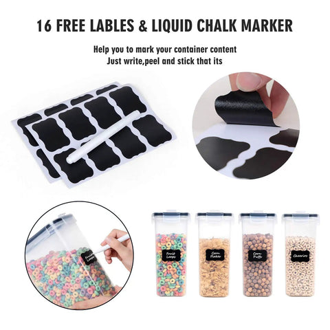 4 Piece Large Cereal Storage Set With Airtight BPA Free Plastic Containers, 135.2oz Capacity Each, Free Labels & Marker