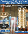 Heavy Duty Brass Drip Tray Drain Assembly With Self Draining Kit And Half Inch Outlet parts including brass drain fitting and rubber gasket.
