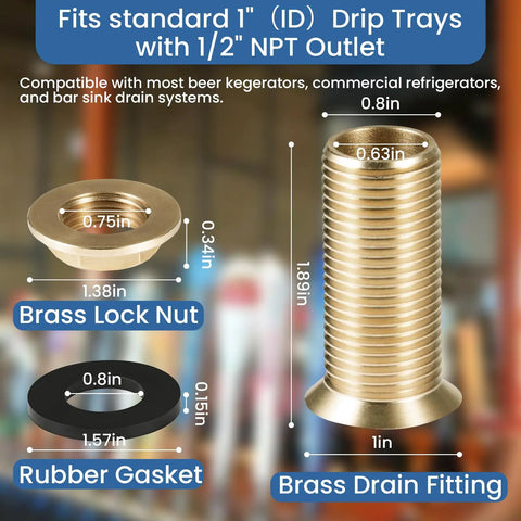 Heavy Duty Brass Drip Tray Drain Assembly With Self Draining Kit And Half Inch Outlet parts including brass drain fitting and rubber gasket.