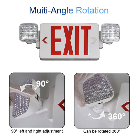 Red Exit Sign With Emergency Lights Battery Backup LED Exit Light UL Listed, showing 90° and 360° light adjustability.