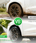 Comparison of muddy car before and clean car after using Beast Mode High Pressure Power Washer Wand Kit
