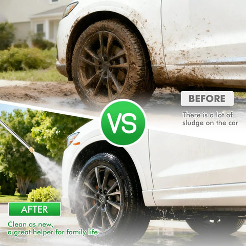 Comparison of muddy car before and clean car after using Beast Mode High Pressure Power Washer Wand Kit