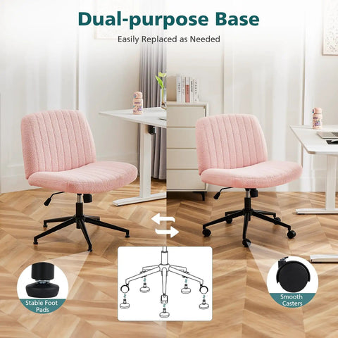 Criss Cross Chair With Wheels Wide Cross Legged Desk Vanity Chair In Teddy Pink Armless Adjustable Swivel Office Seat